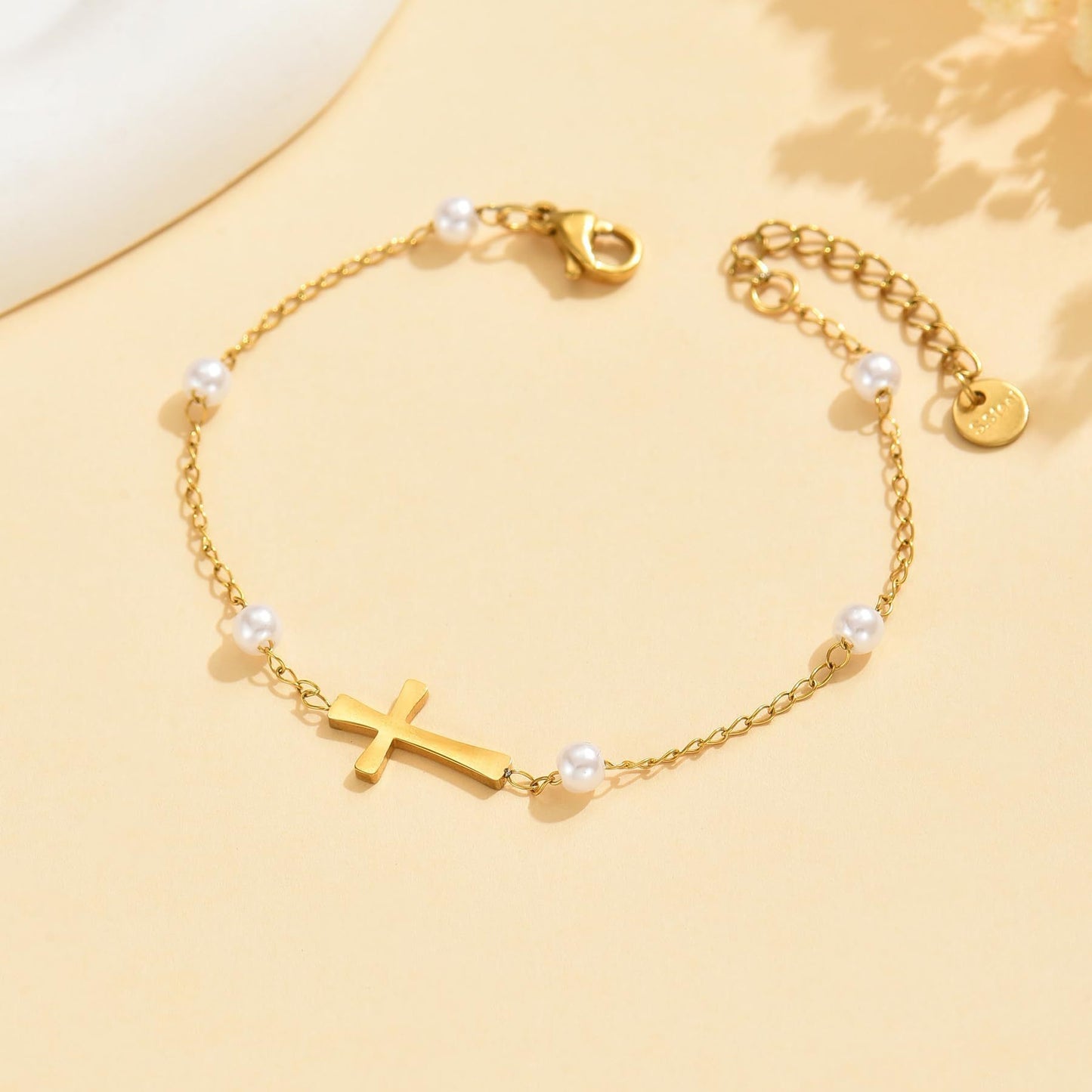 White Pearl Chain Bracelet Stainless Steel Cross Faith