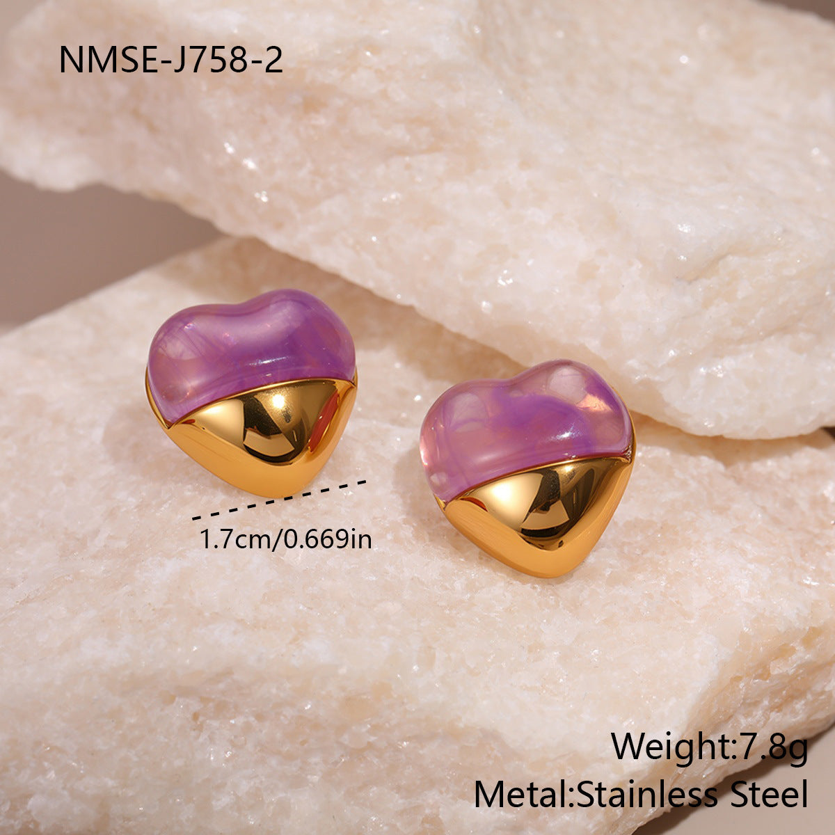 Love Heart-shaped Resin Stud Earrings Stainless Steel Earrings 18K Gold Plating