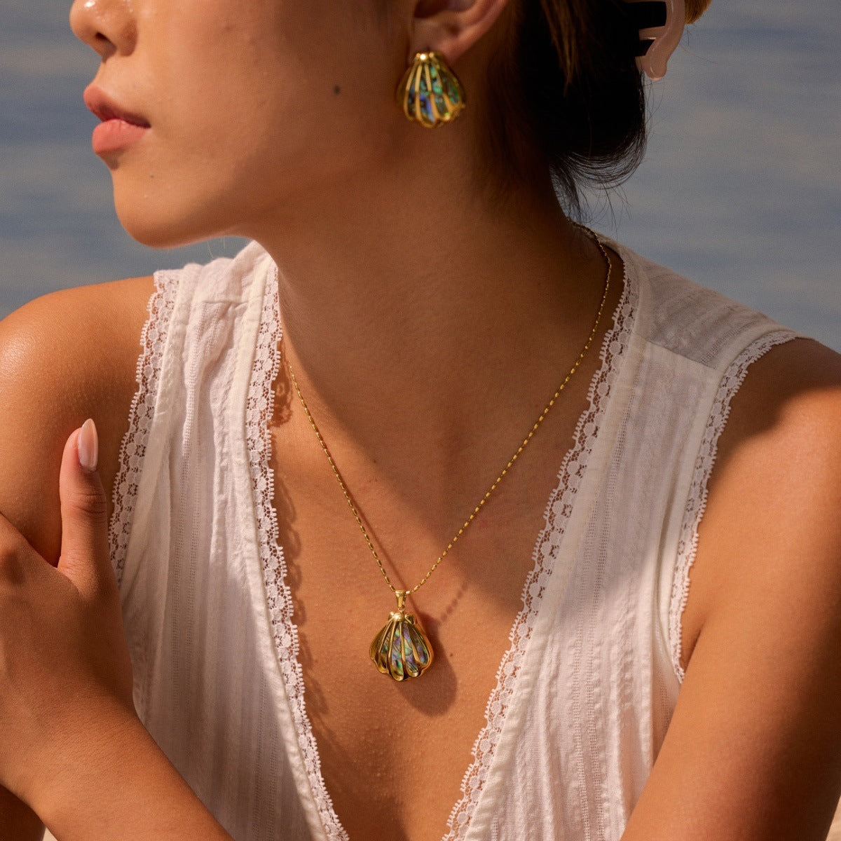 Scallop Shell Stainless Steel Necklace Gold Plated Ins High-grade Ear Studs Earrings