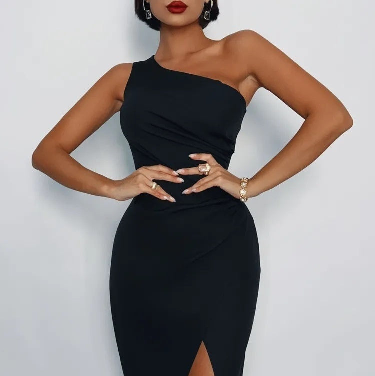 Elegant Sexy Slim-fit Shoulder Slit Satin Dress For Women