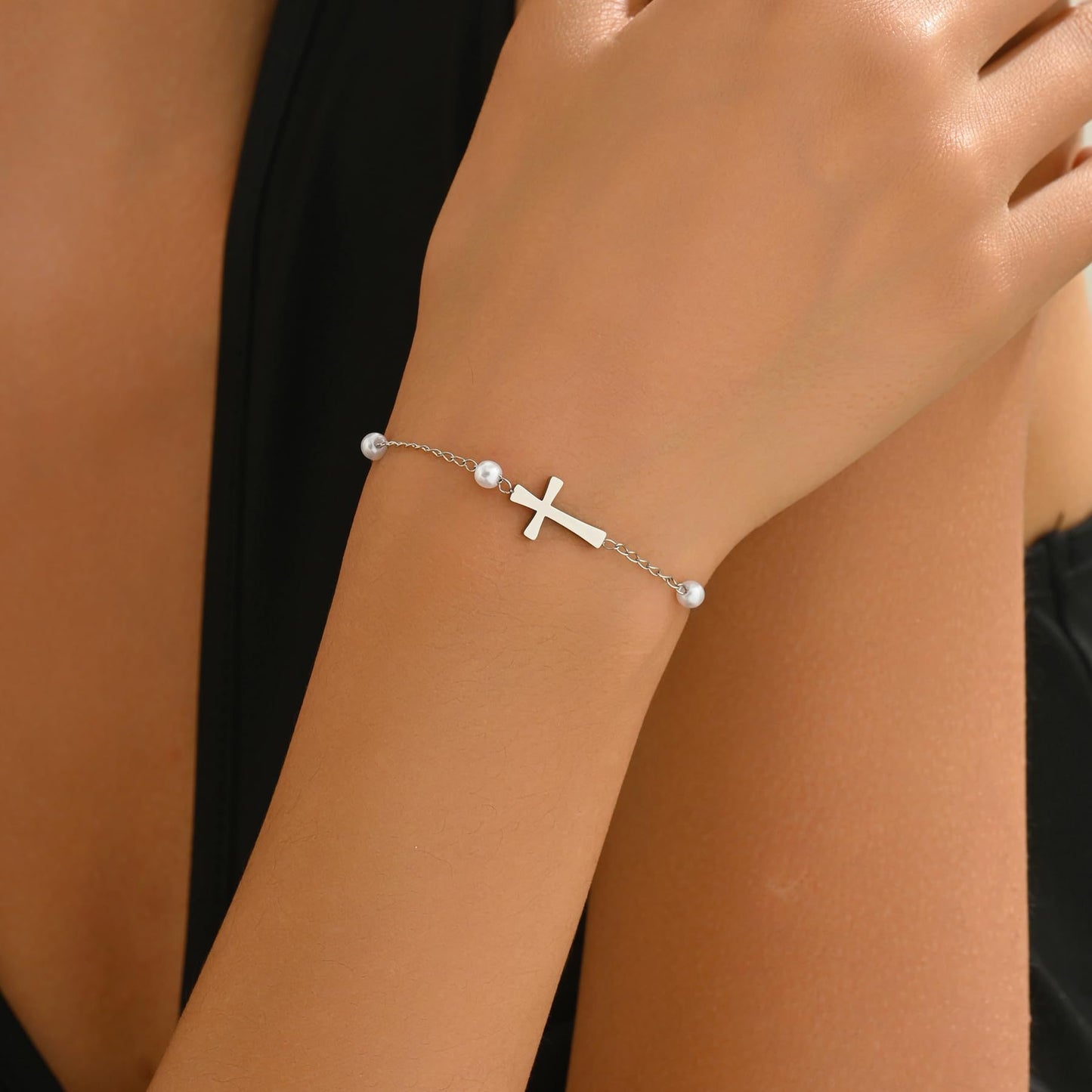 White Pearl Chain Bracelet Stainless Steel Cross Faith