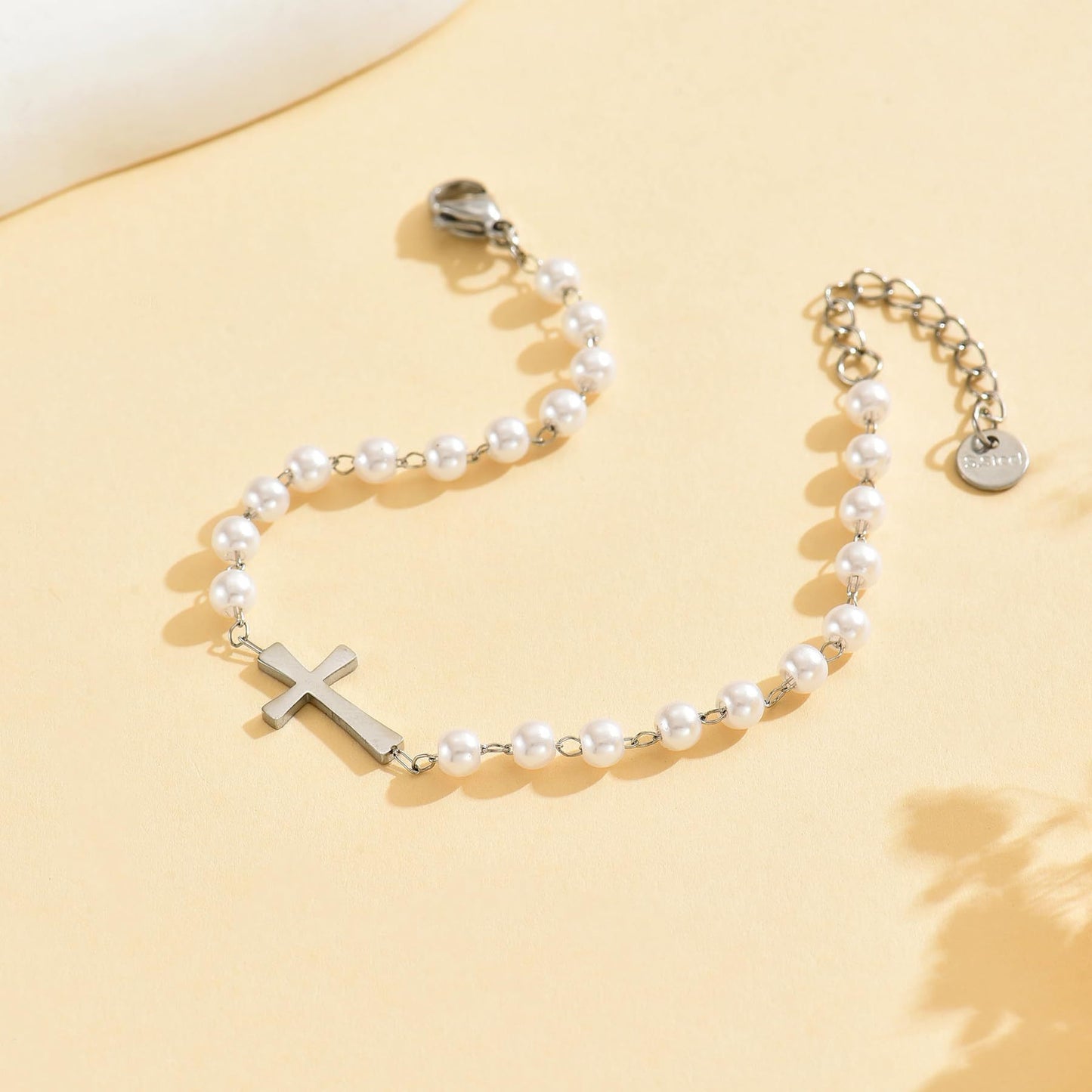 White Pearl Chain Bracelet Stainless Steel Cross Faith